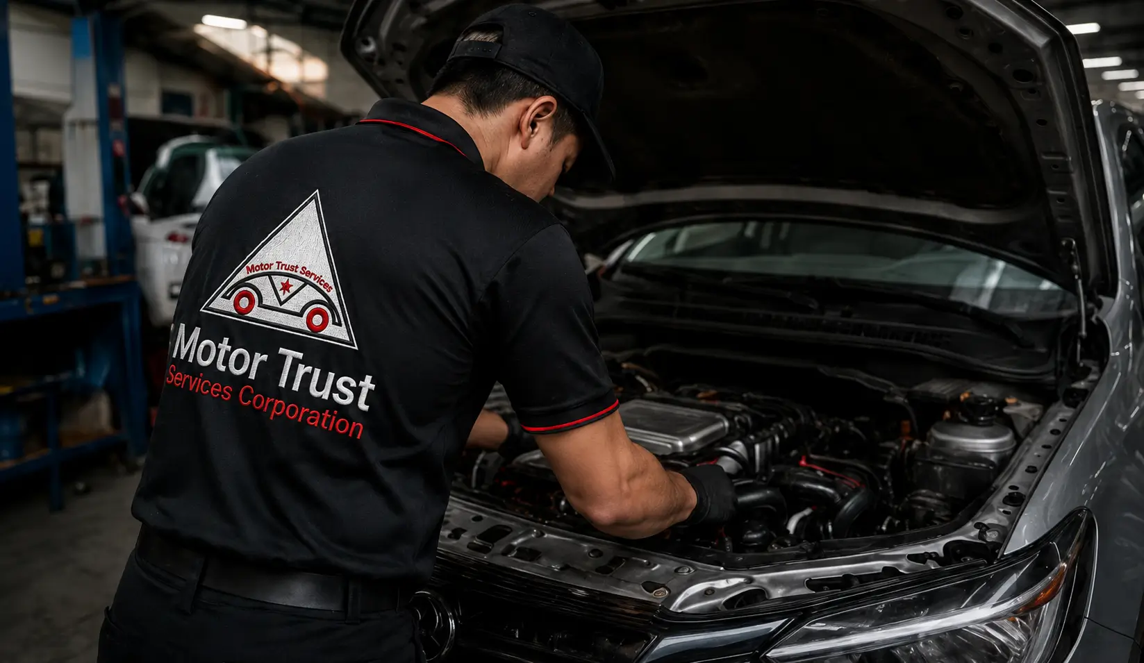 Motor Trust Auto Repair Specialist Working Under Hood